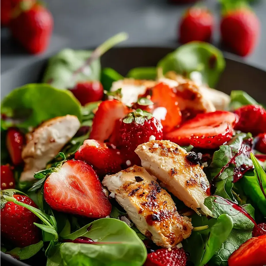 A bowl of food with chicken, strawberries, and greens.