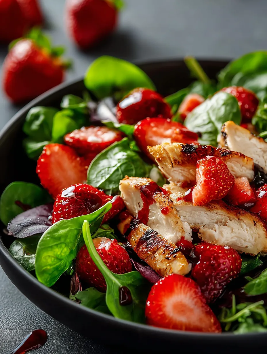 A bowl of salad with strawberries and chicken.
