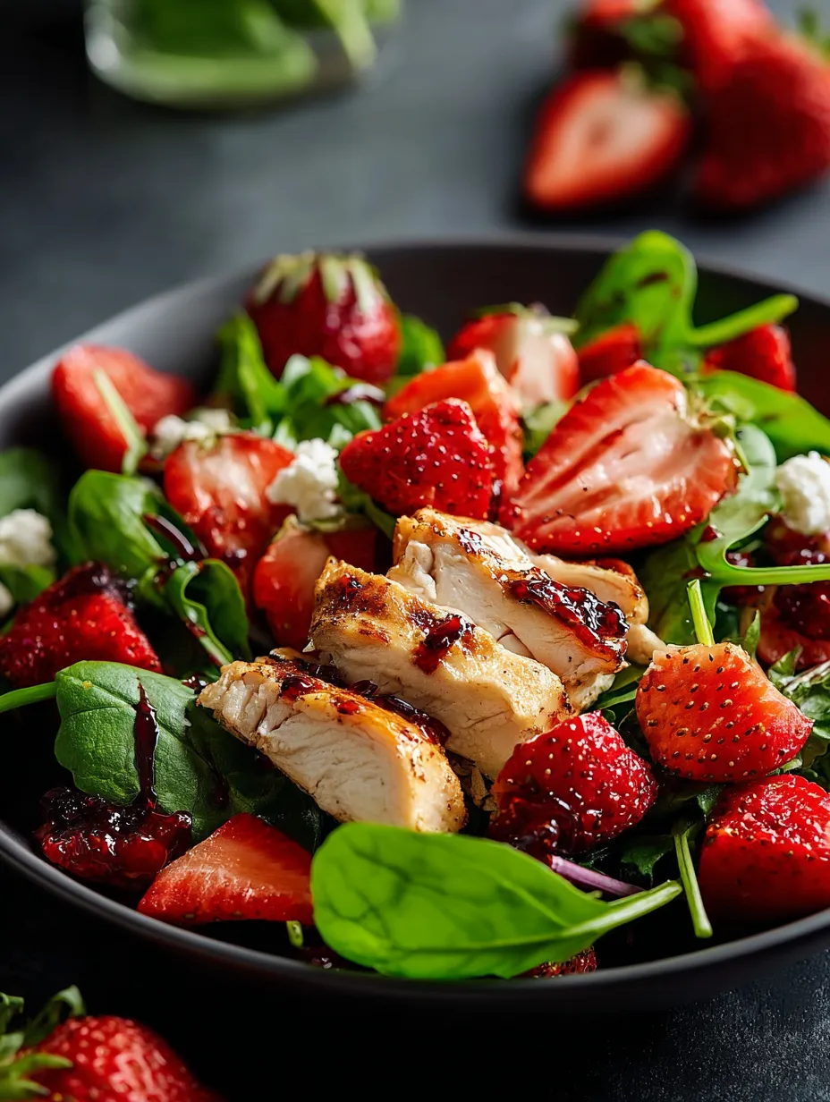 A bowl of strawberries and chicken.
