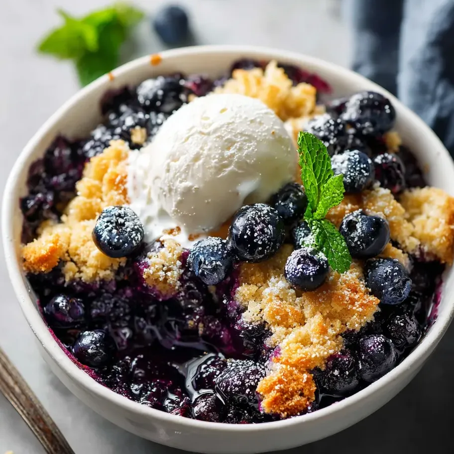 Blueberries in a bowl topped with ice cream.