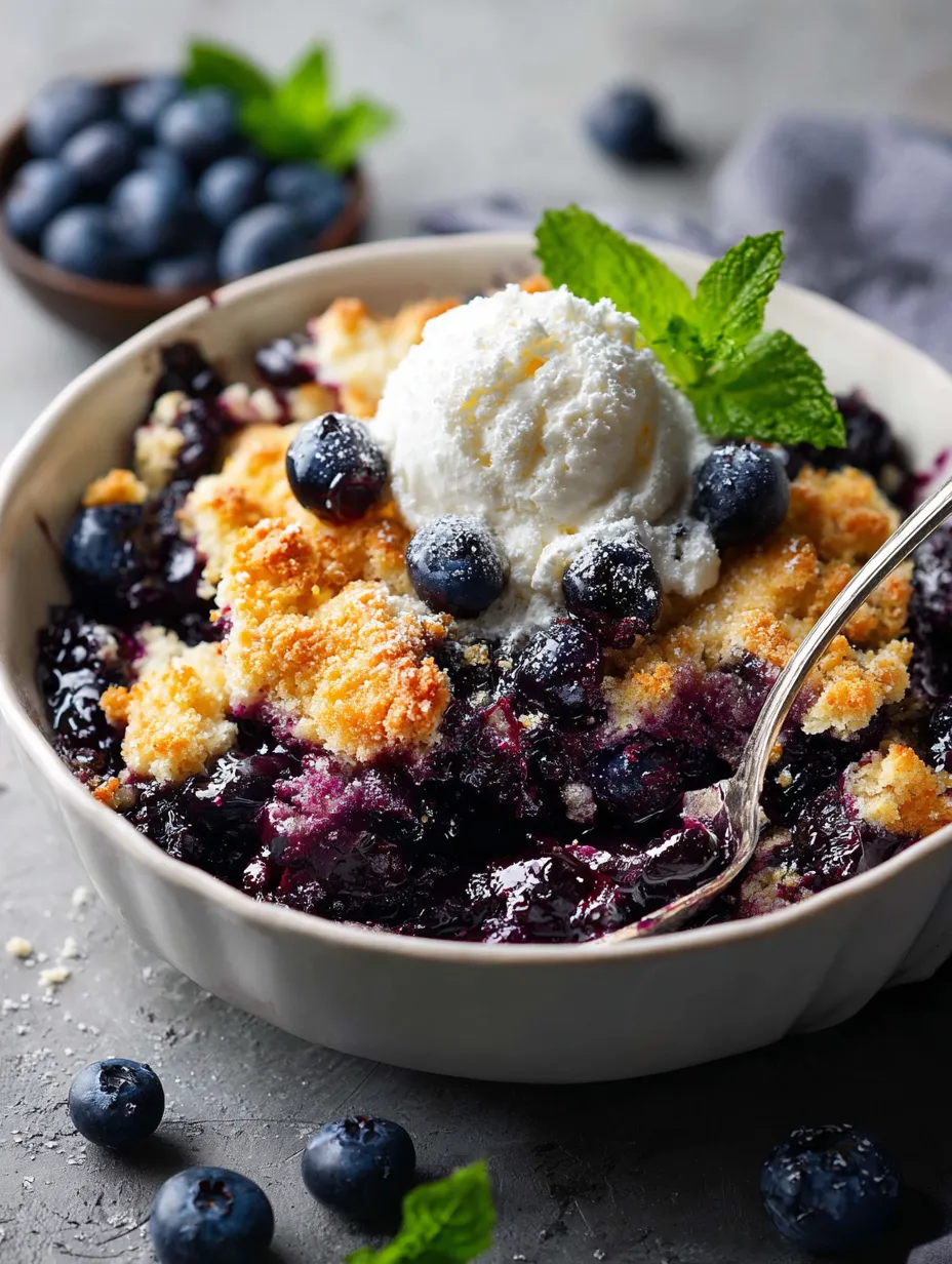 A bowl topped with ice cream cozied on blueberries.