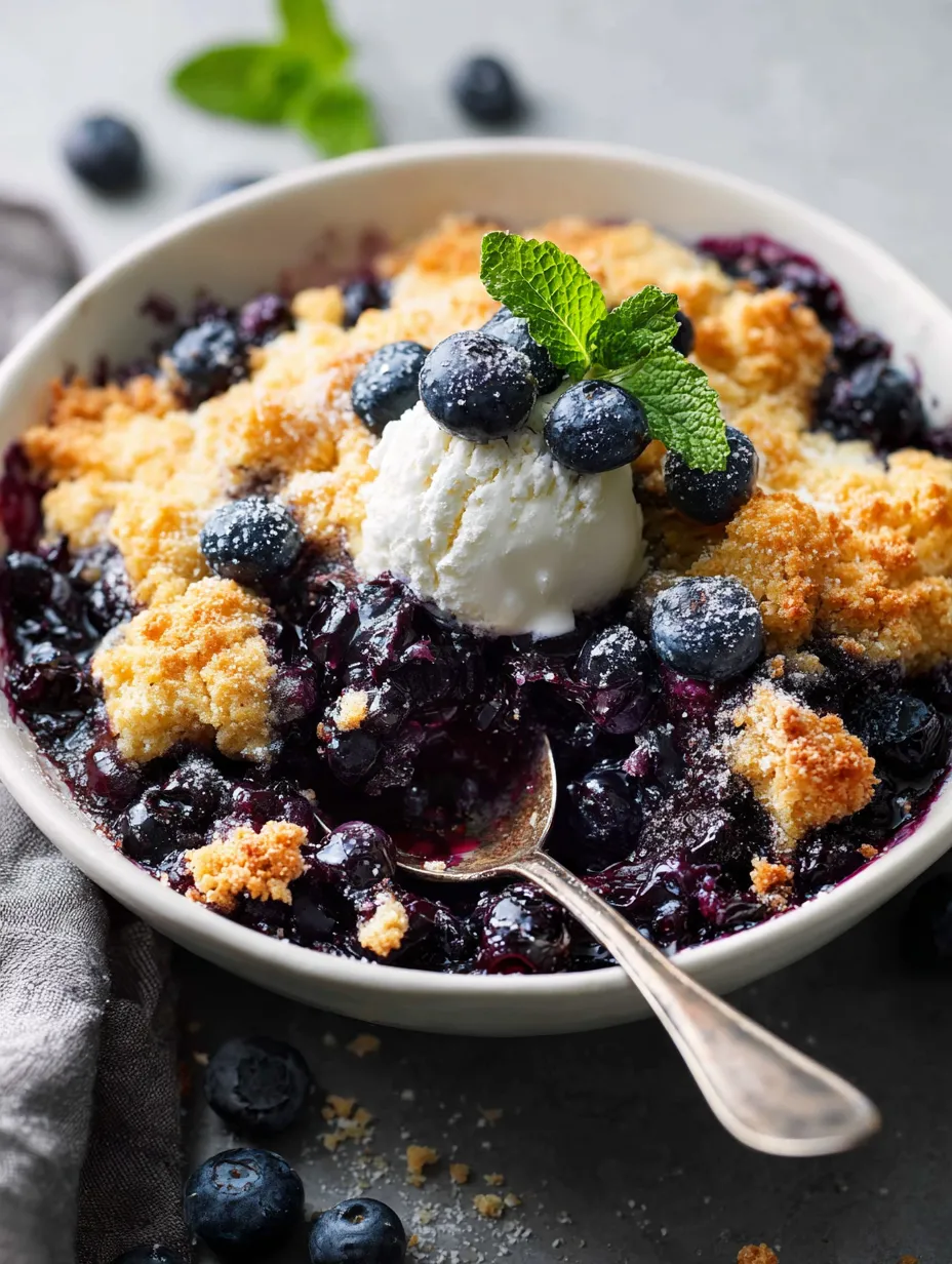 A bowl filled with blueberries and a spoon scooping some.
