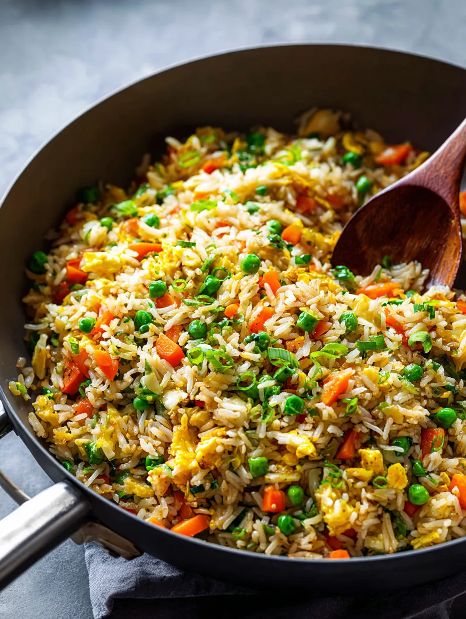 A pan of rice loaded with peas and carrots.
