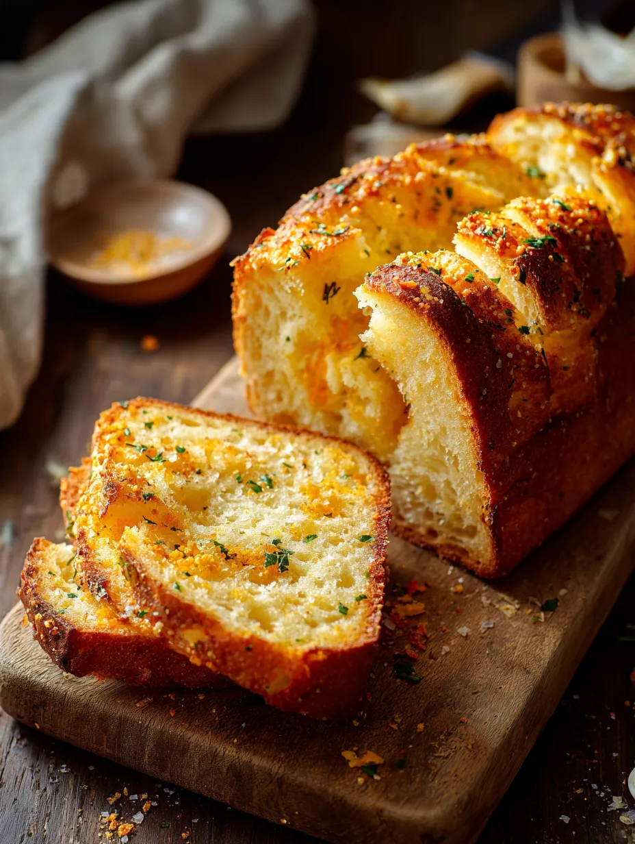 A bread loaf topped with herbs, looking golden.