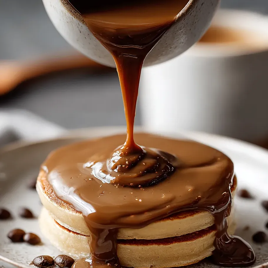 Chocolate syrup runs down onto a pancake stack.