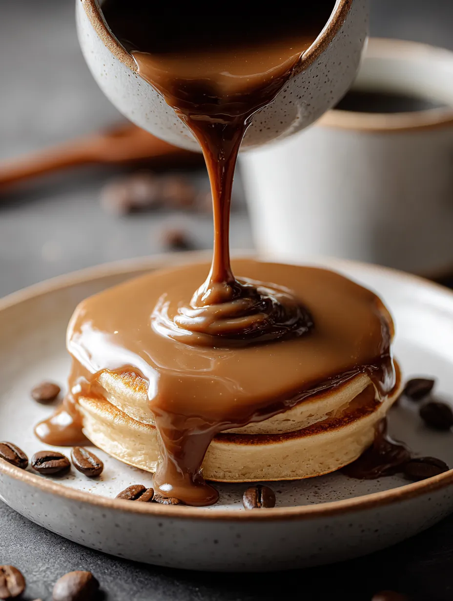 Drippy chocolate sauce falling from a spoon onto pancakes.