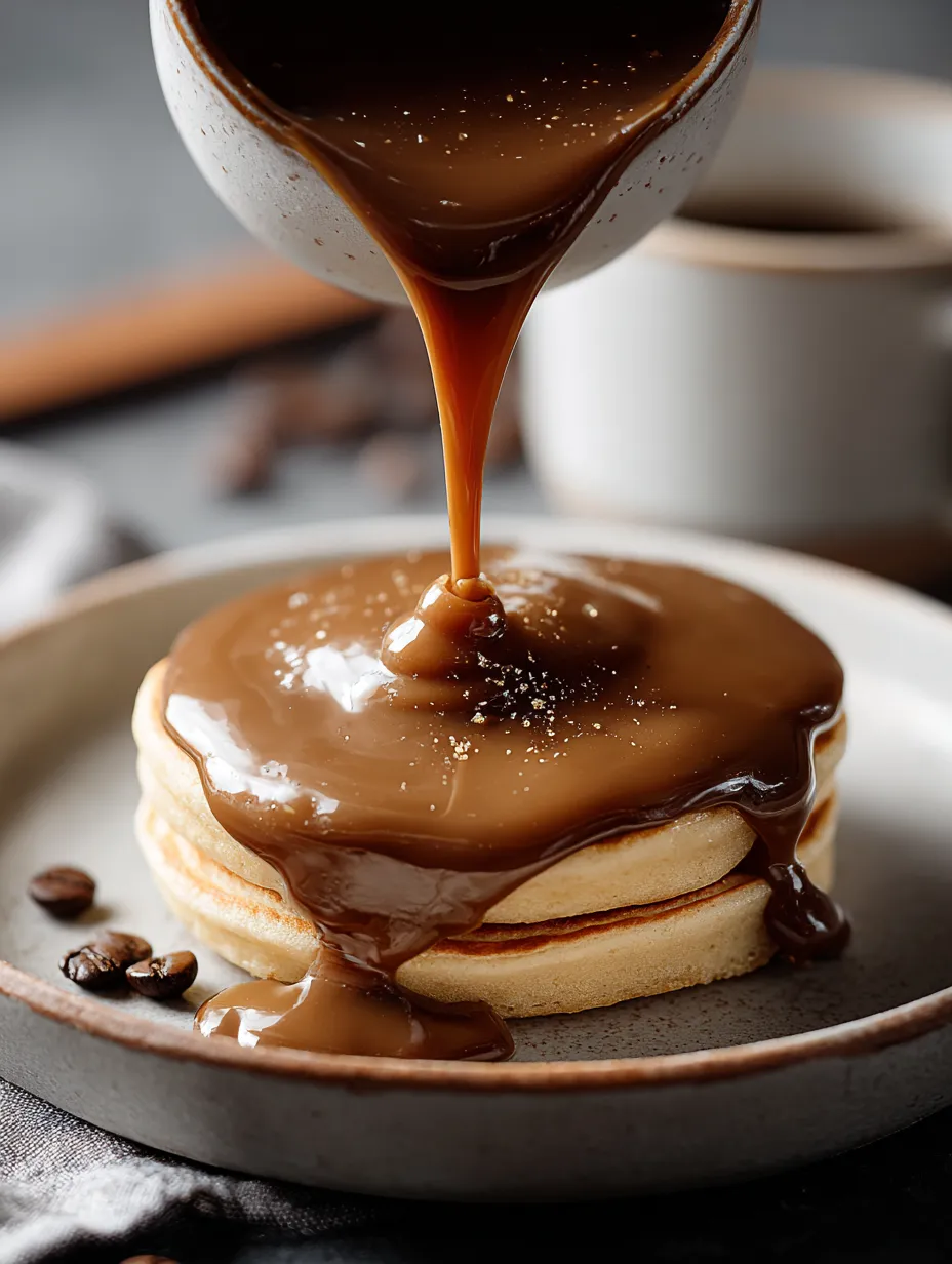 Chocolatey syrup being poured onto pancakes.