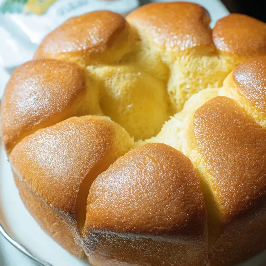 Golden brown loaf with a soft, shiny crust.
