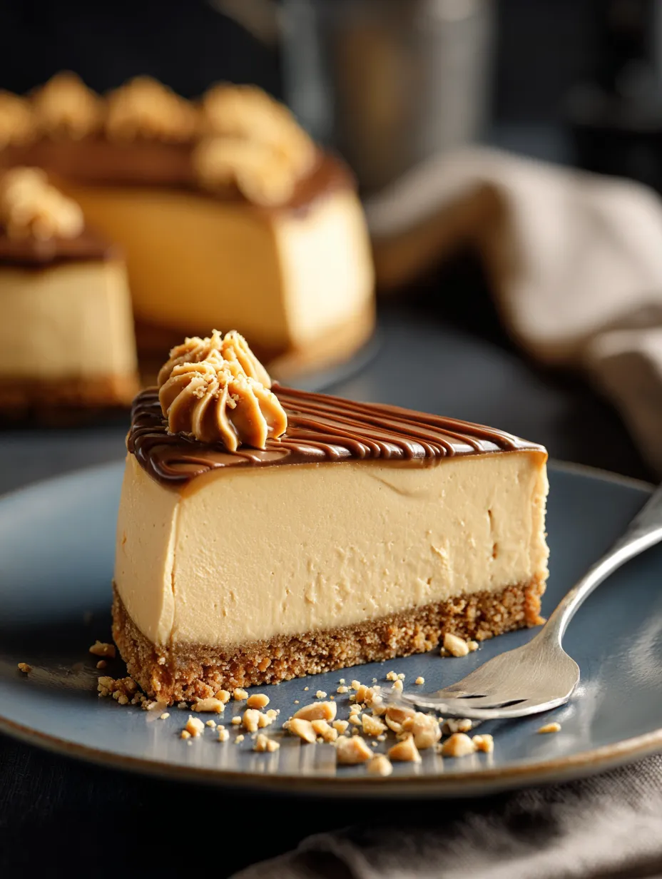 A creamy slice of dessert topped with caramel sauce.