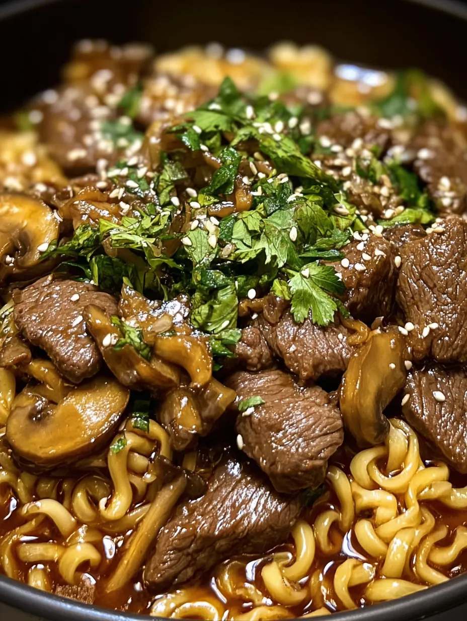 Noodle bowl with mushrooms and beef up close.