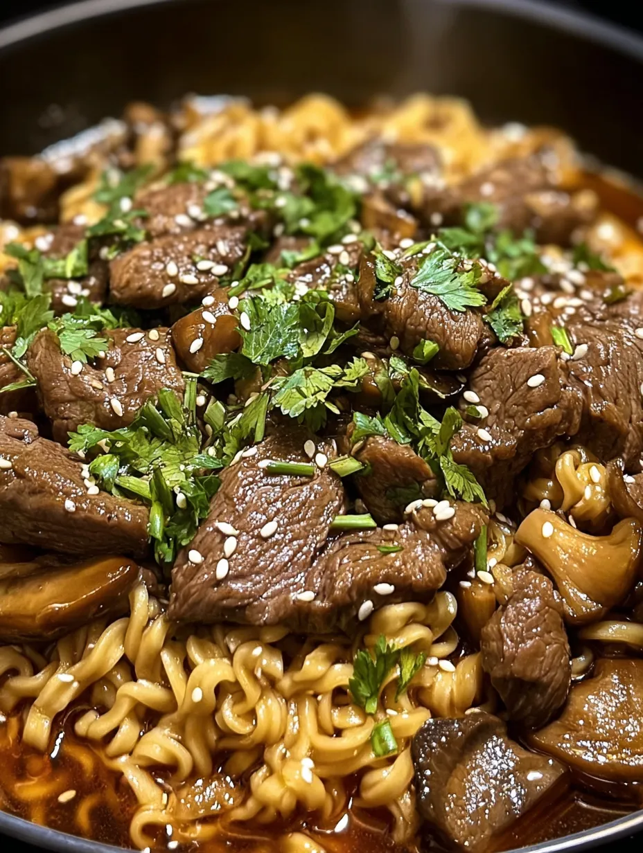 A bowl piled with noodles, beef, and veggies.
