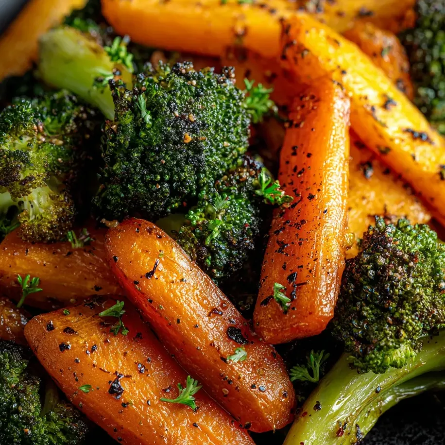 Plate close-up with roasted broccoli and carrots, ready to eat.
