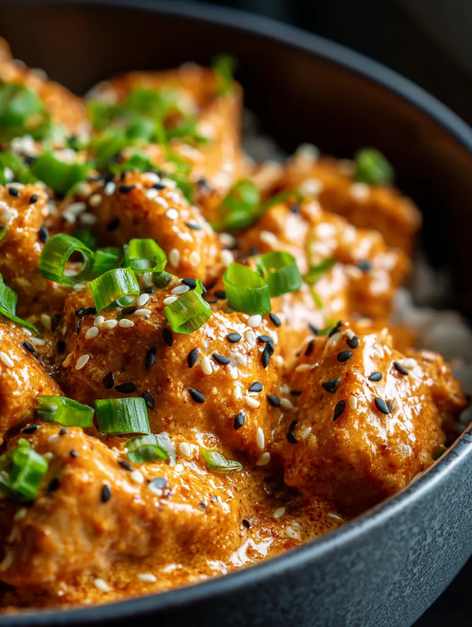 A bowl piled high with saucy chicken bites and a spoon.