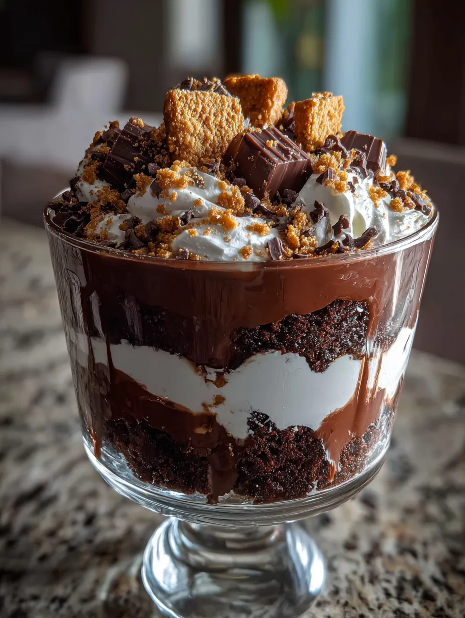 Chocolate dessert in a glass with fluffy cream layers.