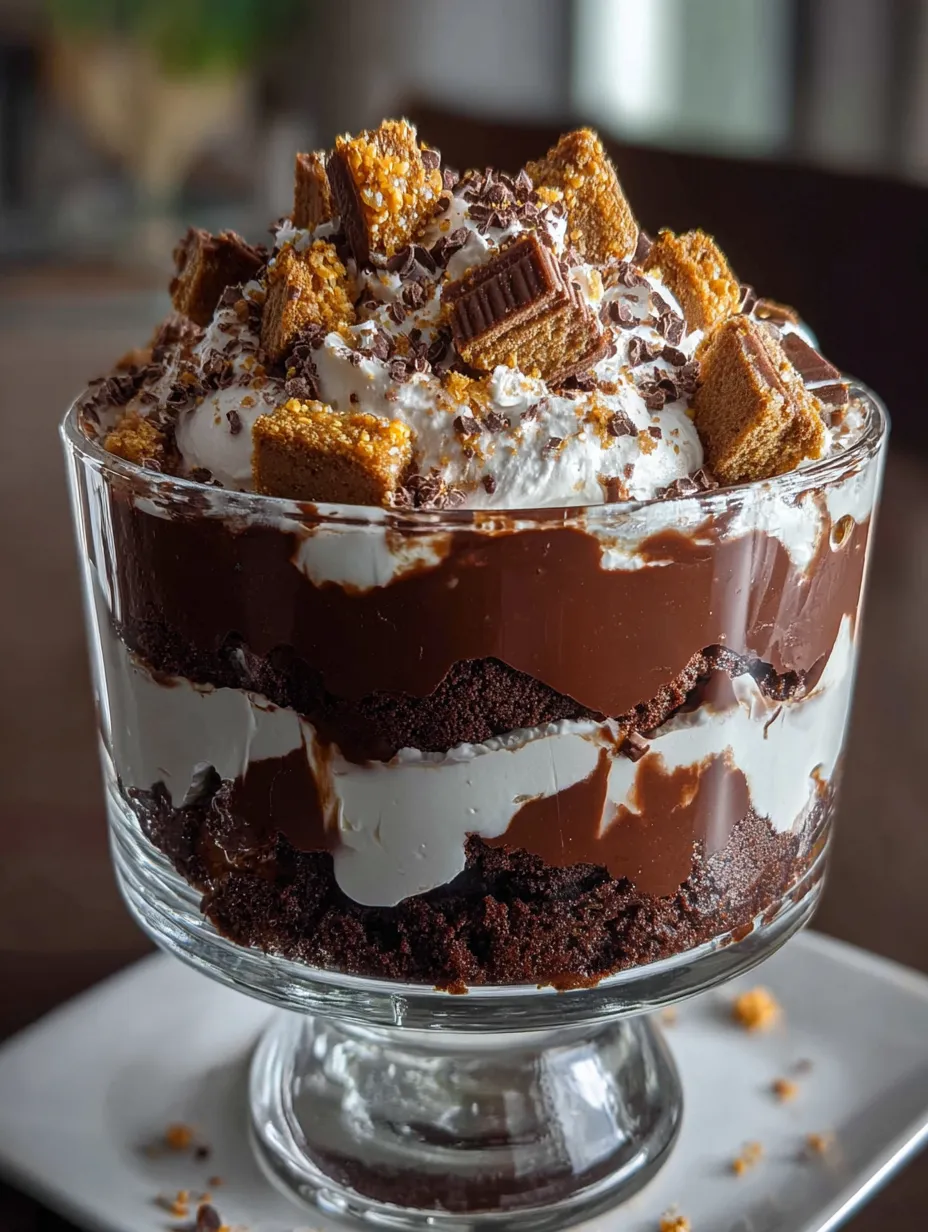 A chocolate treat layered with whipped cream and crunchy toppings.