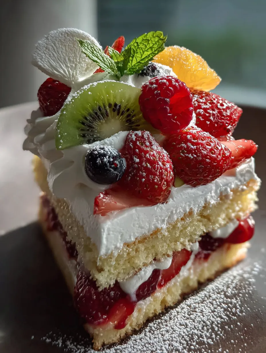 A slice of cake with fruit on top.