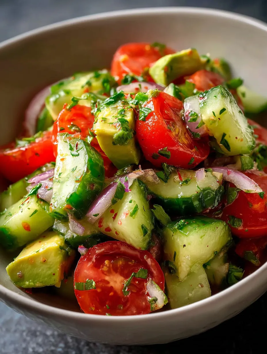 A bowl of vegetables including tomatoes, cucumbers, and avocados.