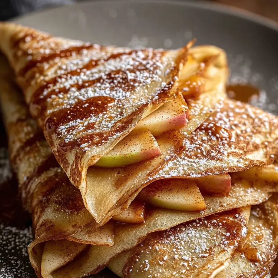 A tall pile of apple-filled crepes dusted with powdered sugar.