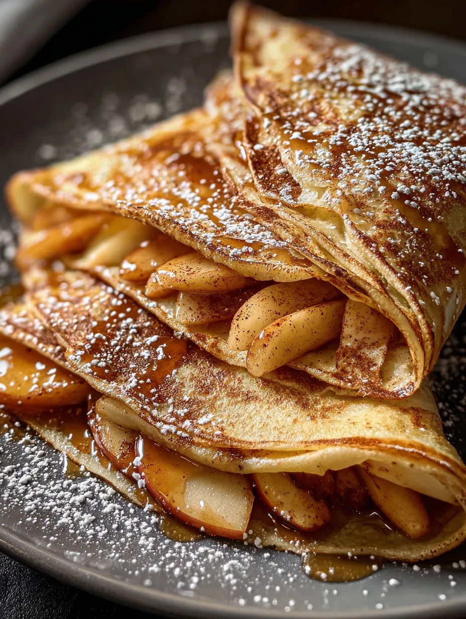 Pancake stack with apple and snowy sugar.