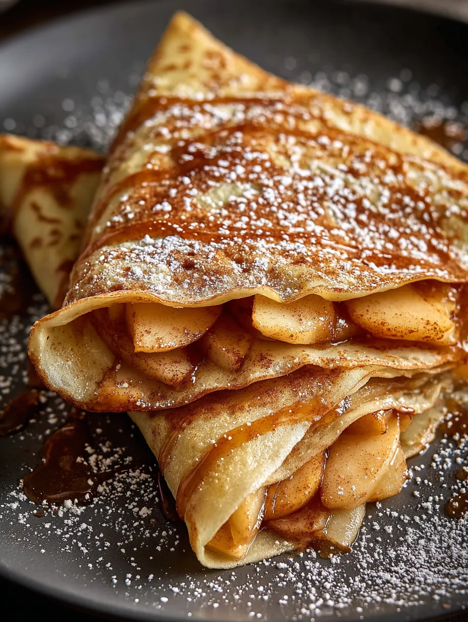 Stacked apple treats with powdered sugar on top.