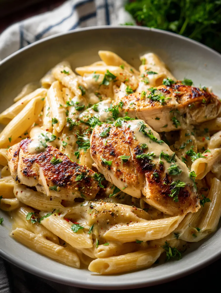A bowl packed with chicken-topped pasta and a cheesy finish.