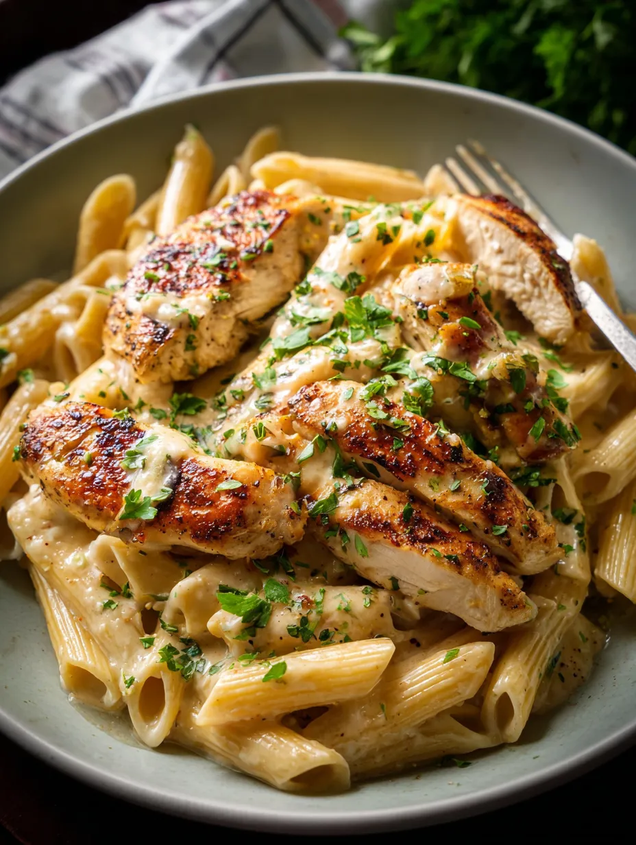 A plate of pasta loaded up with chicken and fresh herbs.