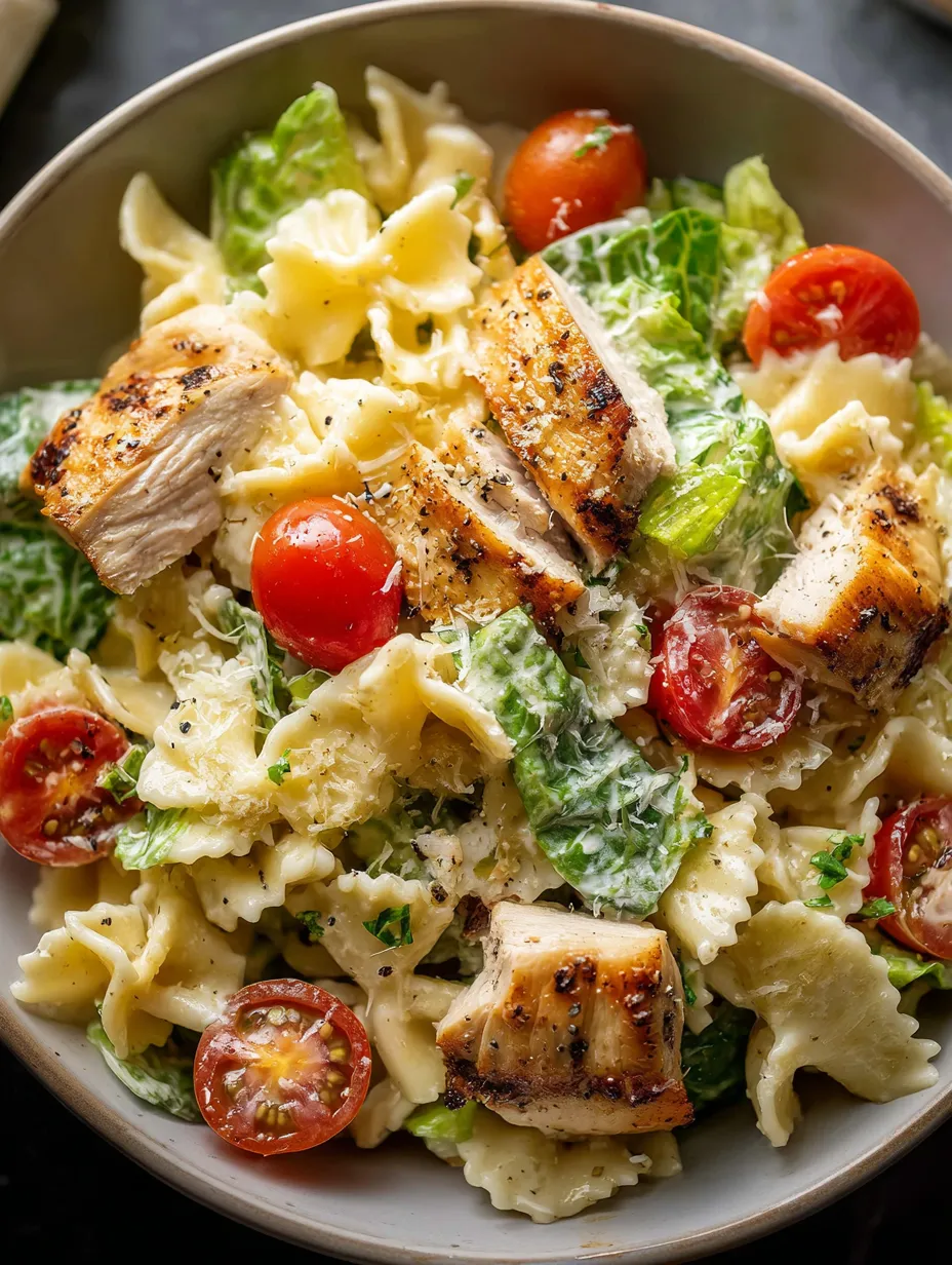 A bowl of pasta with chicken and tomatoes.