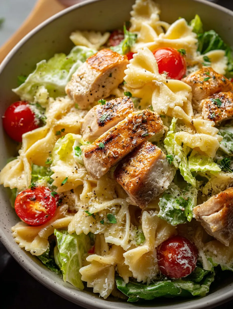 A bowl of pasta with chicken and tomatoes.