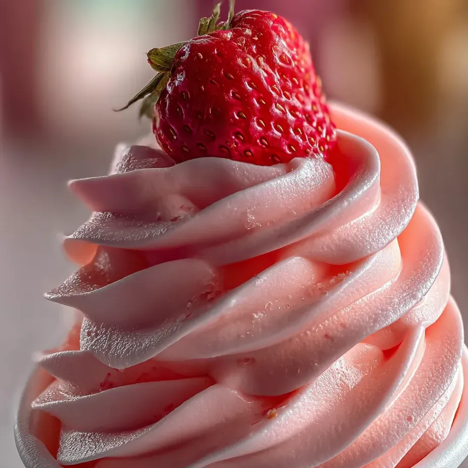 A pink and white frosted strawberry shortcake.