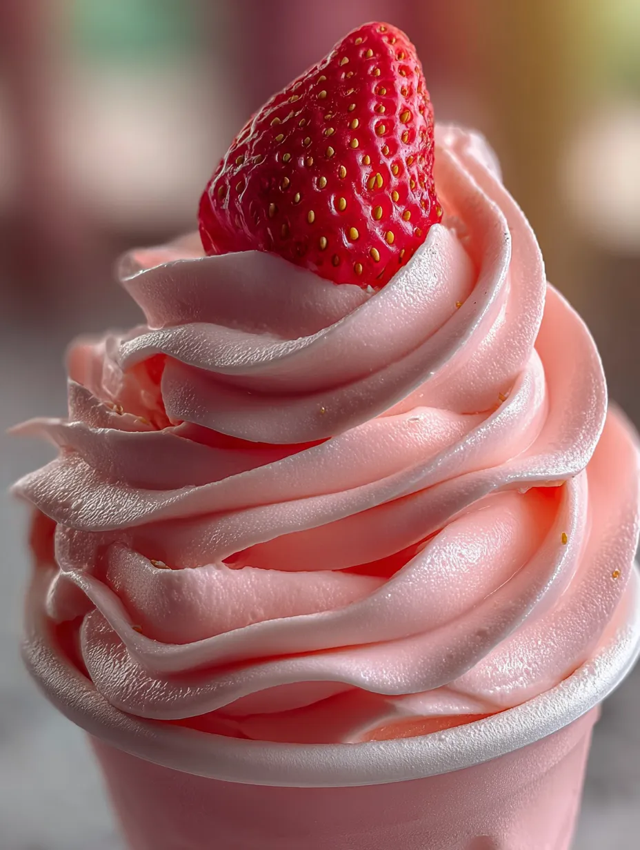 A pink and white frosted strawberry ice cream cone.