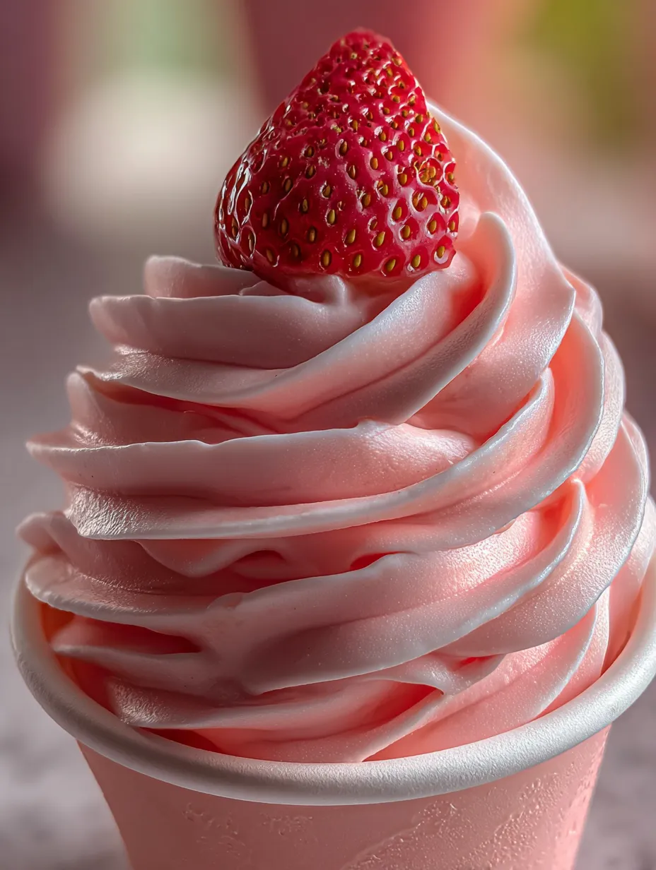 A pink frosted cupcake with a strawberry on top.
