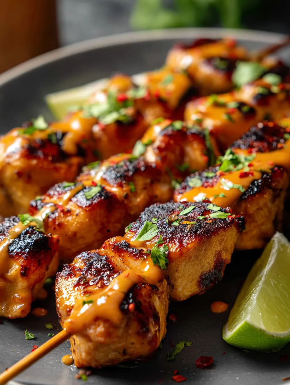 Meaty skewers piled on a white plate, sauced up and ready to eat.