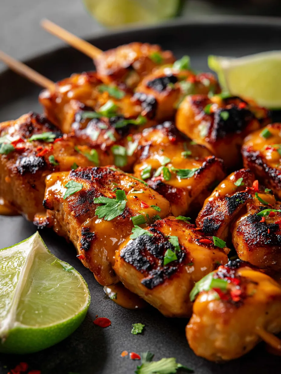 A plate loaded with chicken skewers, fork, and a wedge of lime.