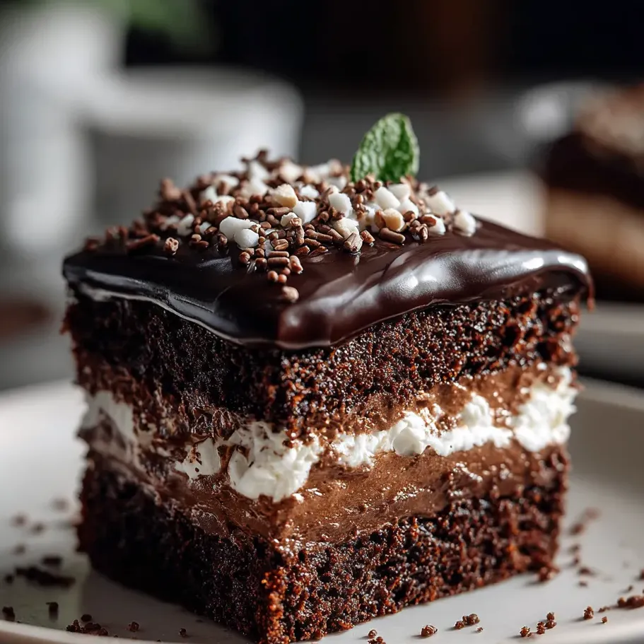 Chocolate cake slice frosted with marshmallow on top.