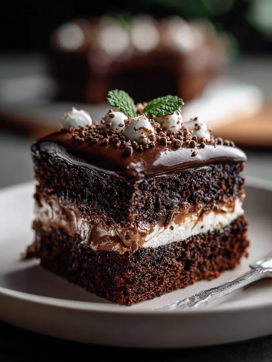 A slice of chocolate cake with white frosting and mint leaves.