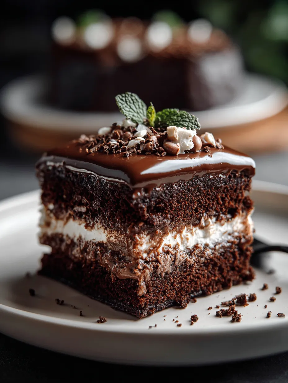 A slice of chocolate cake with mint leaves on top.