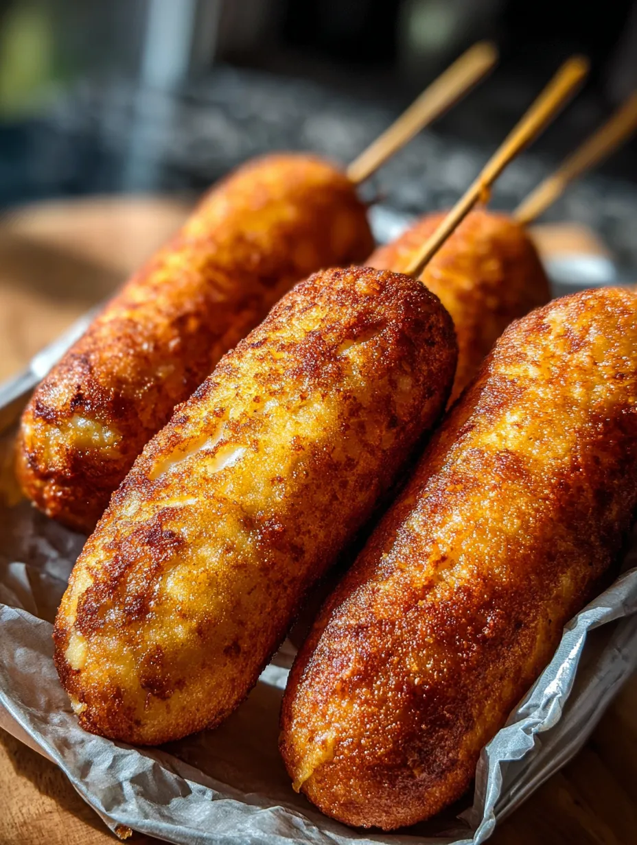 Three corn dogs on a plate.
