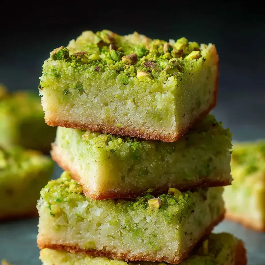 A stack of cake with green toppings.