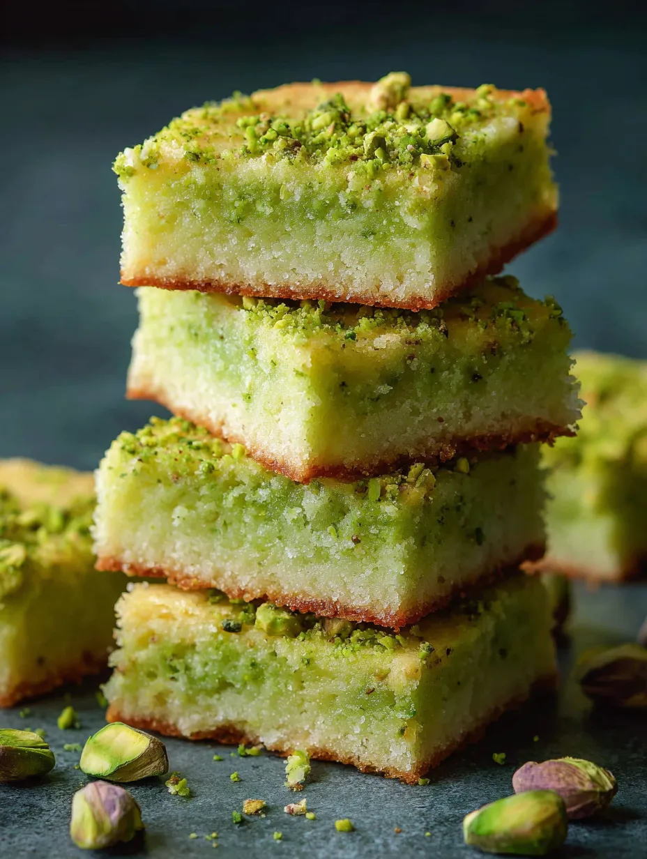 Chunky green bars stacked with pistachios sprinkled on top.