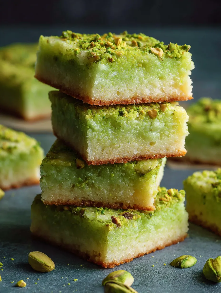 Bright green dessert bars stacked and topped with crunchy pistachios.