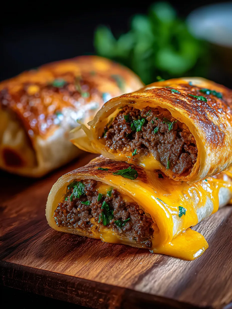 A burrito with meat and cheese on a wooden table.