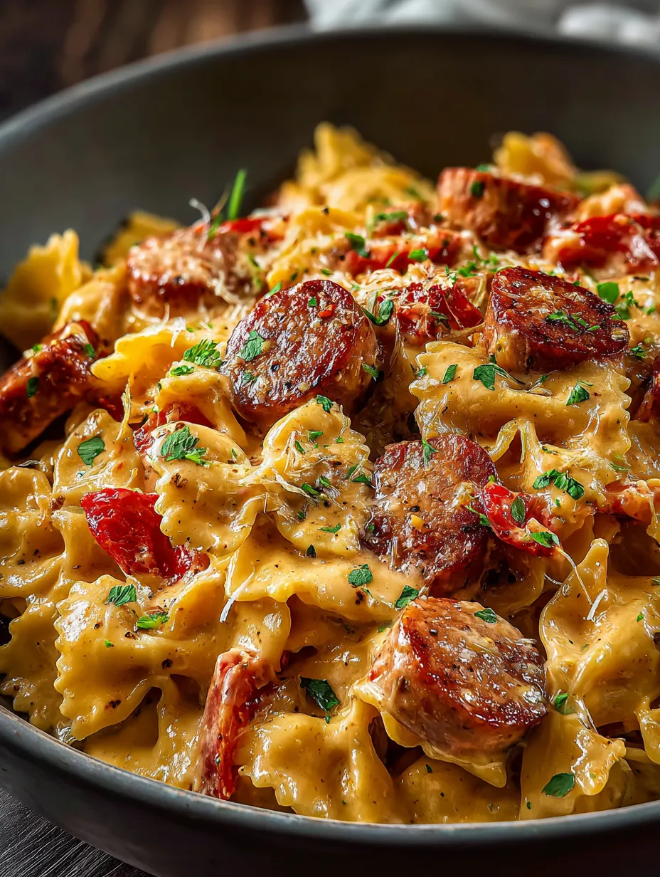 A bowl of pasta with sausage and cheese.