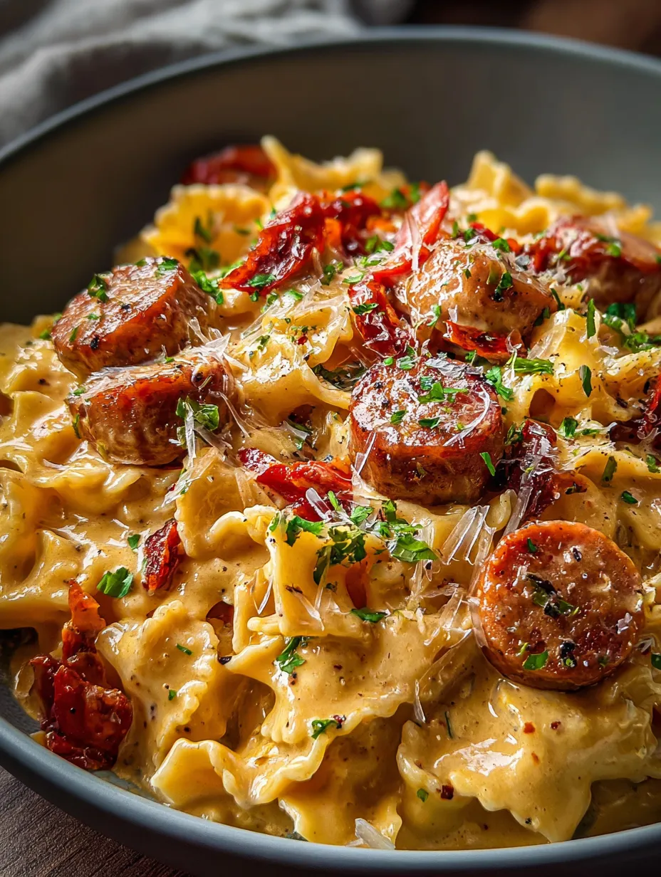 A bowl of pasta with sausage and tomatoes.