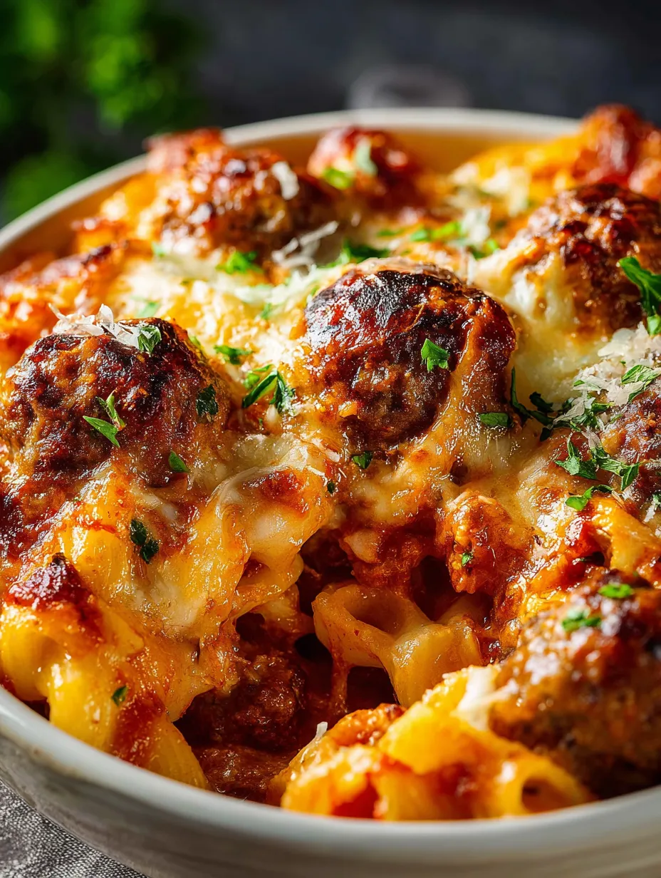 A bowl of pasta with meatballs and cheese.