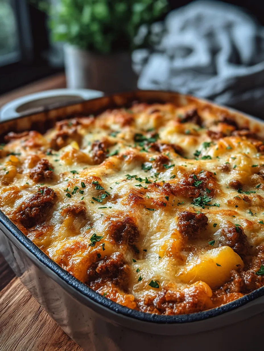 A casserole dish with cheesy meat inside.