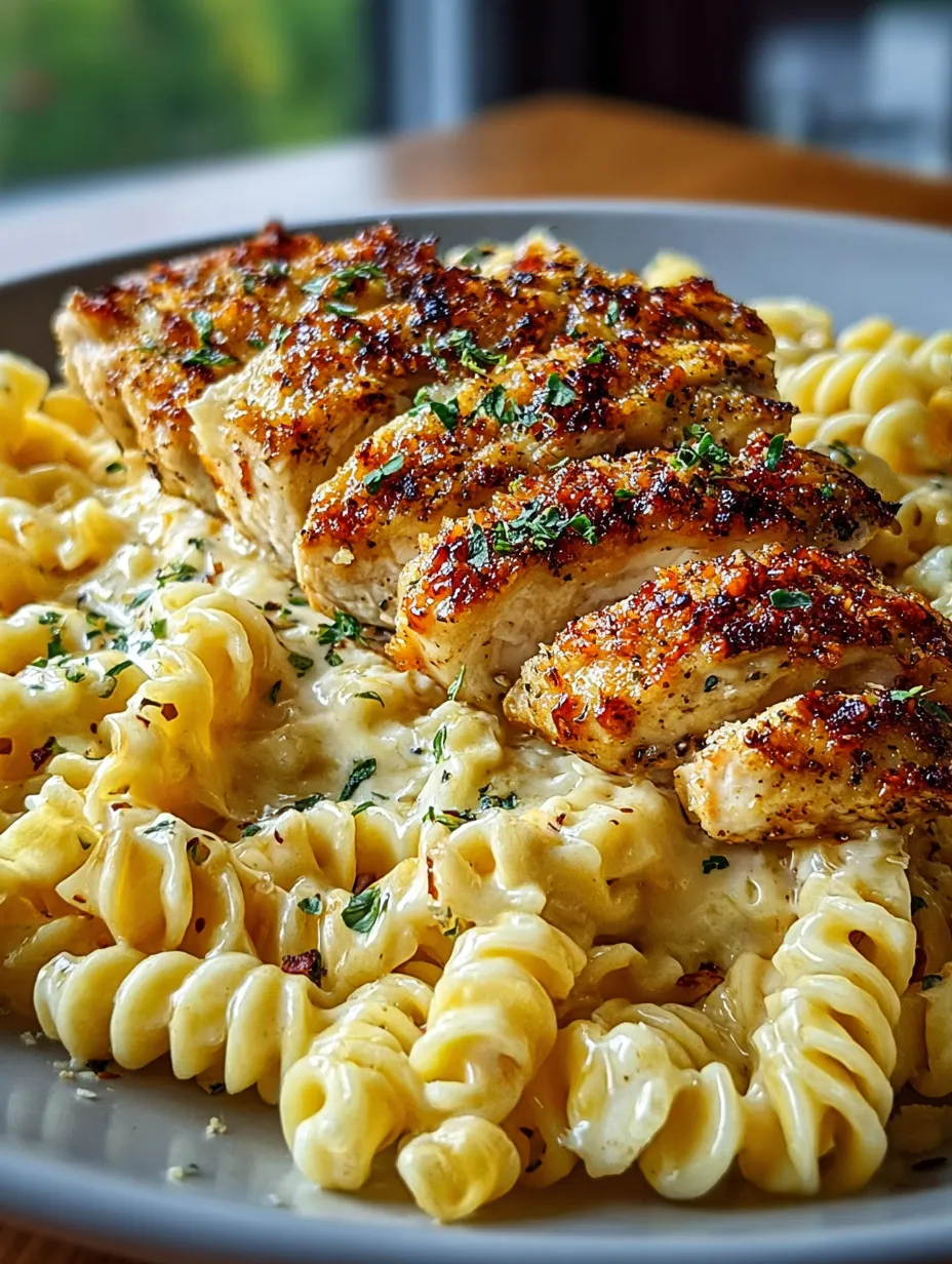A plate loaded with pasta and golden chicken.