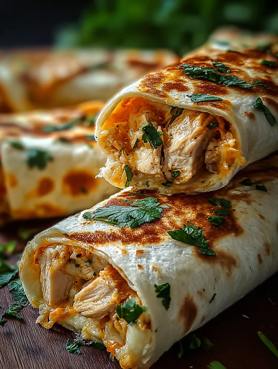A burrito filled with chicken and fresh green toppings.