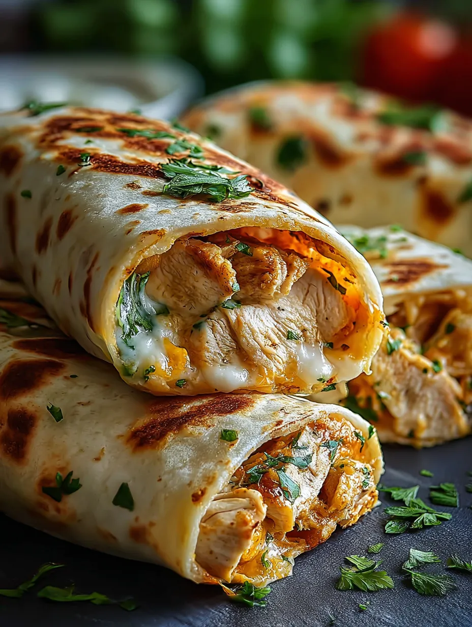 A burrito packed with chicken, melted cheese, and green onions.