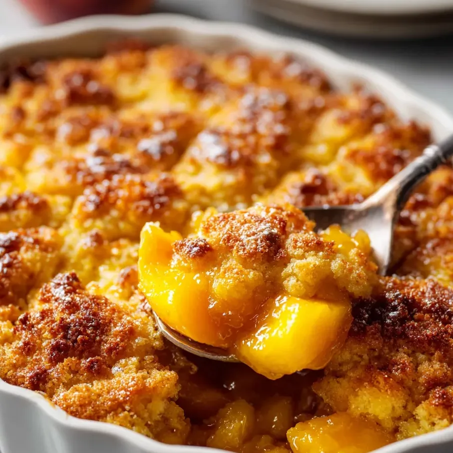 A spoon scooping out moist peach cobbler.