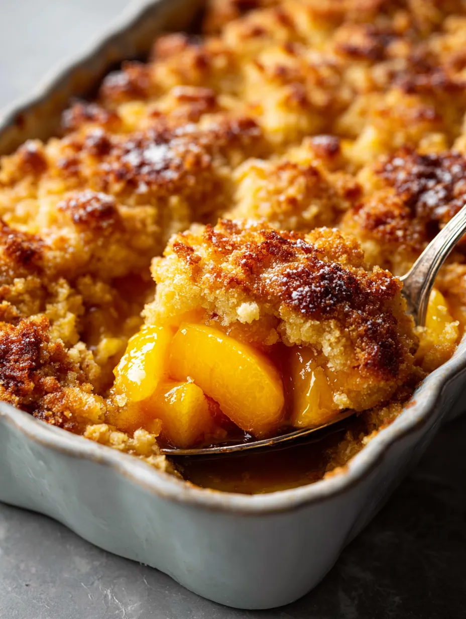 You see a spoon digging into a tray of peaches.